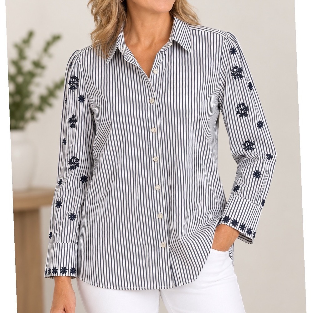 Chico's Size 2 Blue White Striped Embroidered Sleeve Button Down Shirt US 12